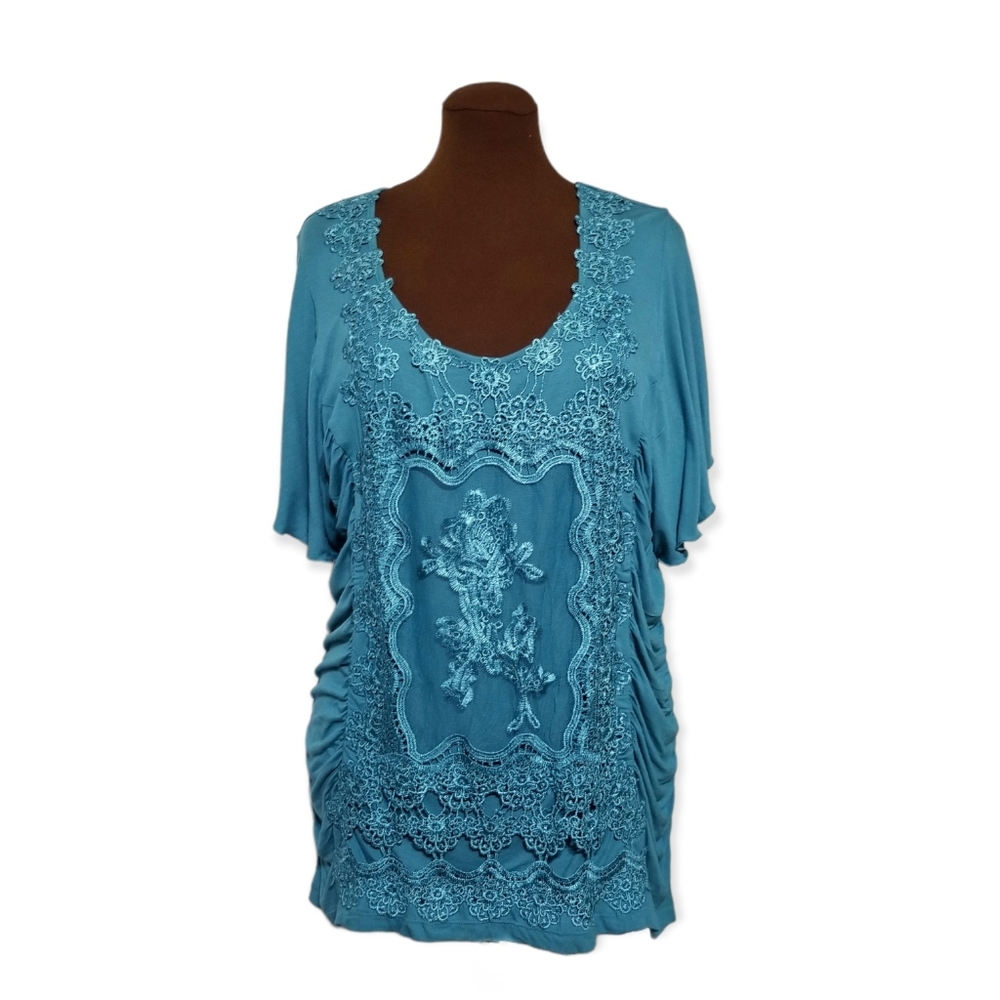 NWT One World Teal Lace Appliqué Top 1X Boho Cottagecore Ruched Butterfly Sleeve